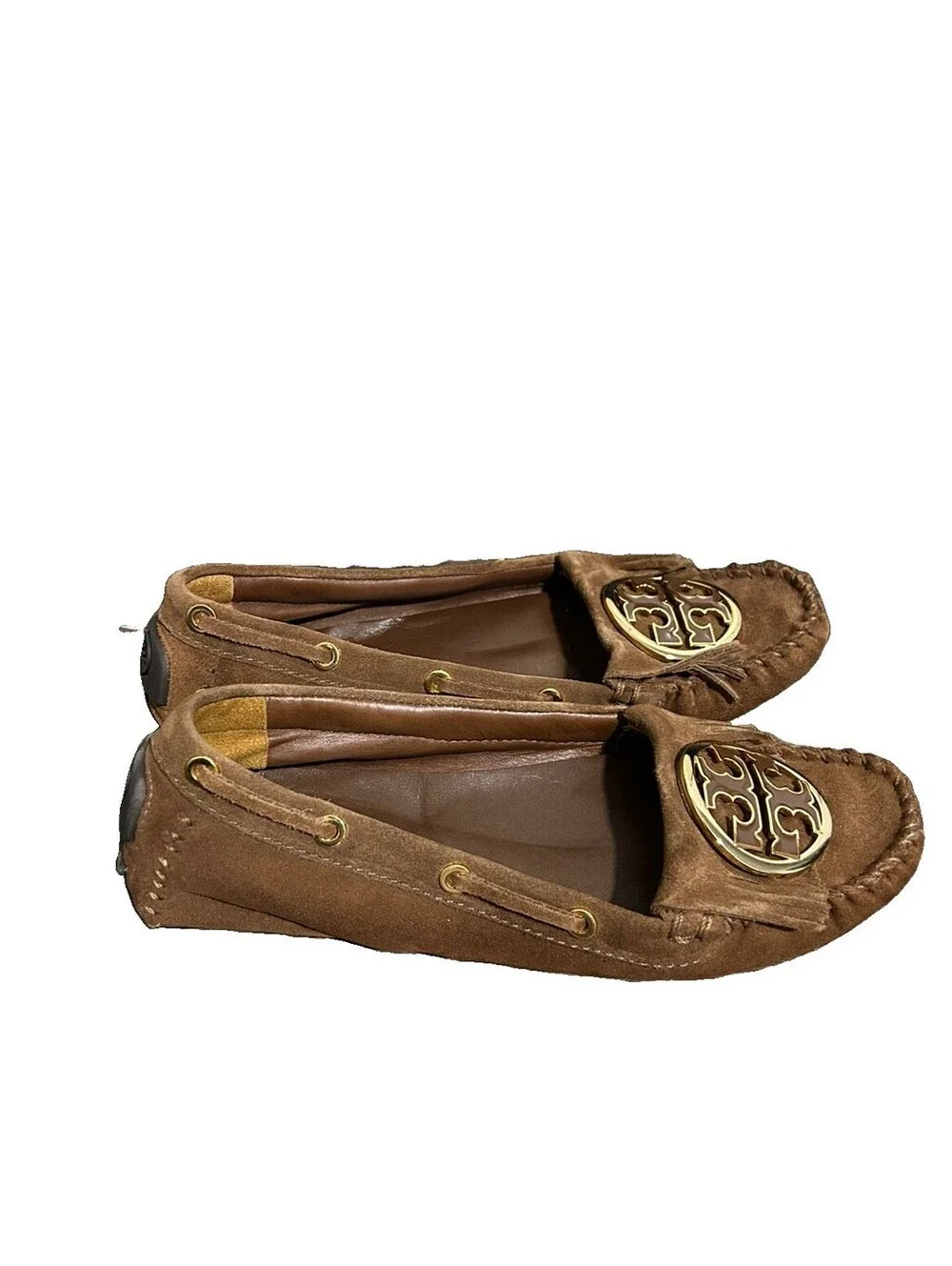 Tory Burch Alexandra Brown Suede Moccasin Loafer Gold Medallion Women's 8M